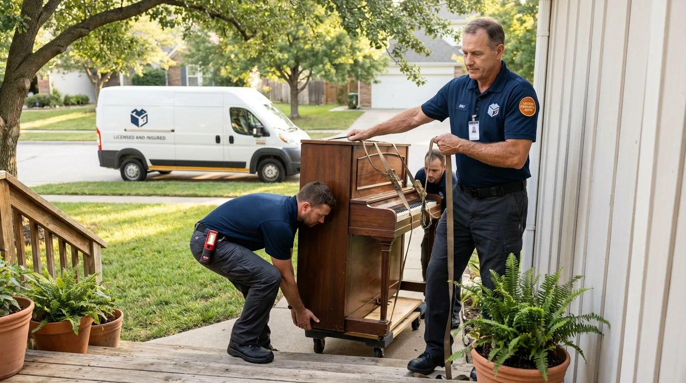 Licensed piano movers securing grand piano in Townshend, VT