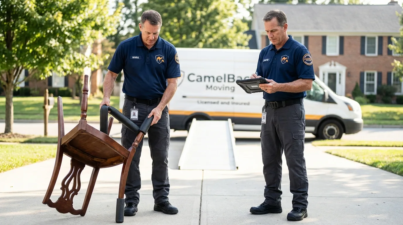 Movers inspecting furniture for damage prevention before loading in Townshend, VT