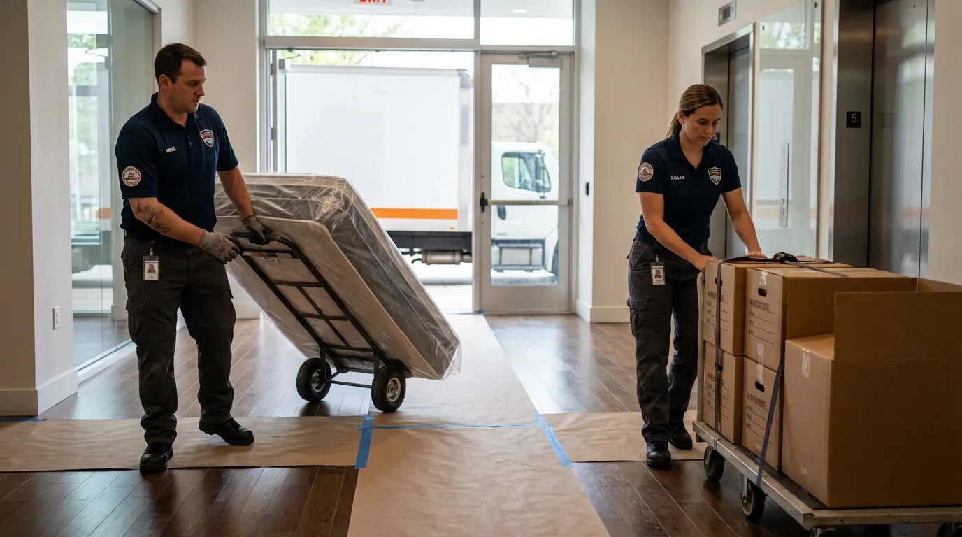 Professional apartment movers loading elevator in Townshend, VT